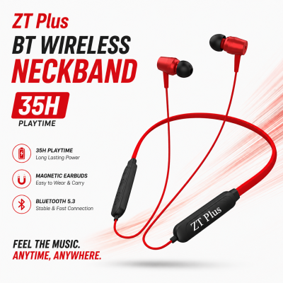 ZT Plus BT Wireless Neckband Earphone – Bluetooth 5.3 Headset with 35H Battery Life, Fast Charging, Deep Bass & Magnetic Metal Earbuds